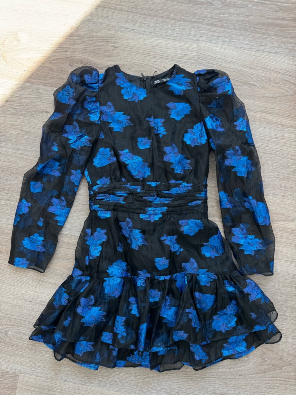 Zara Black Mini Dress with Blue Floral Pattern
